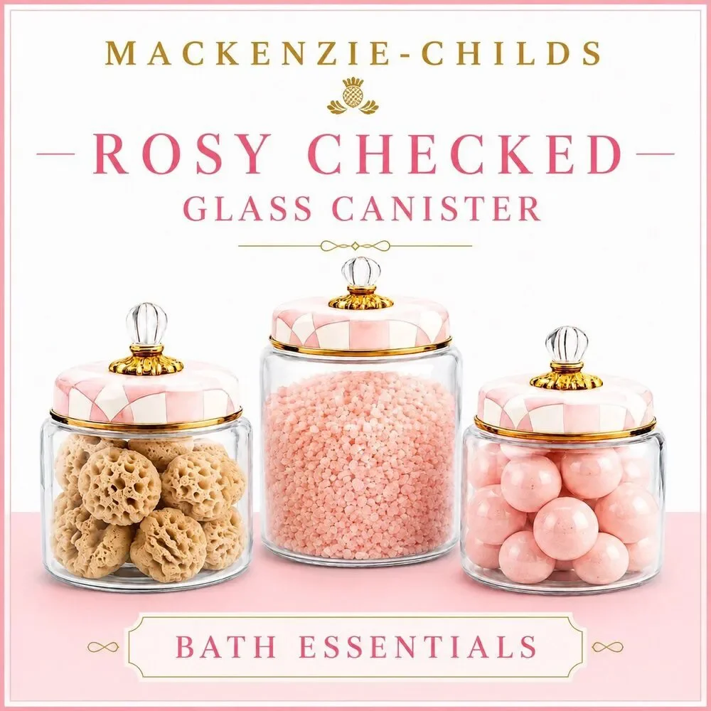 Mackenzie Childs Large Rosy Check Pink and White Glass Canister New